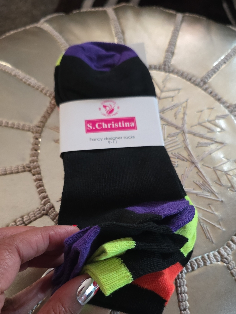 Christina 3 Pairs Black Socks with Purple, Neon Yellow & Orange Accents